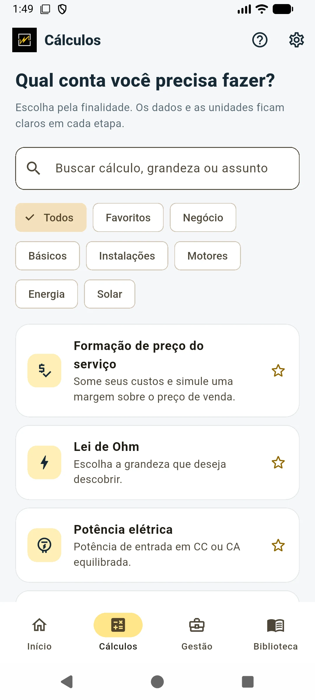 Tela real da central de cálculos com categorias e busca