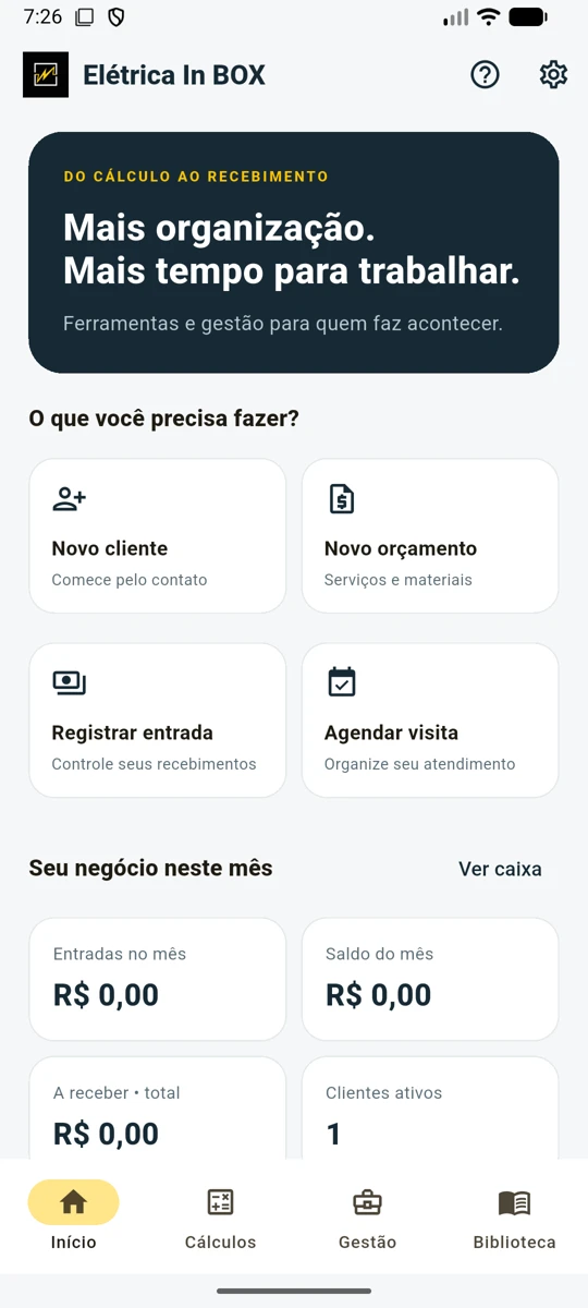 Tela real da nova prévia: início com atalhos para orçamento, cliente, recebimento e cálculo